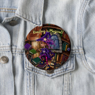 Badge Rond 10 Cm Magie dans la bibliothèque 'La lecture est magique