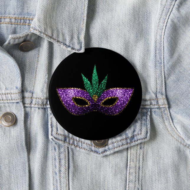 Badge Rond 10 Cm Mardi Gras Masque Purple Vert Or Étincelles (En situation)