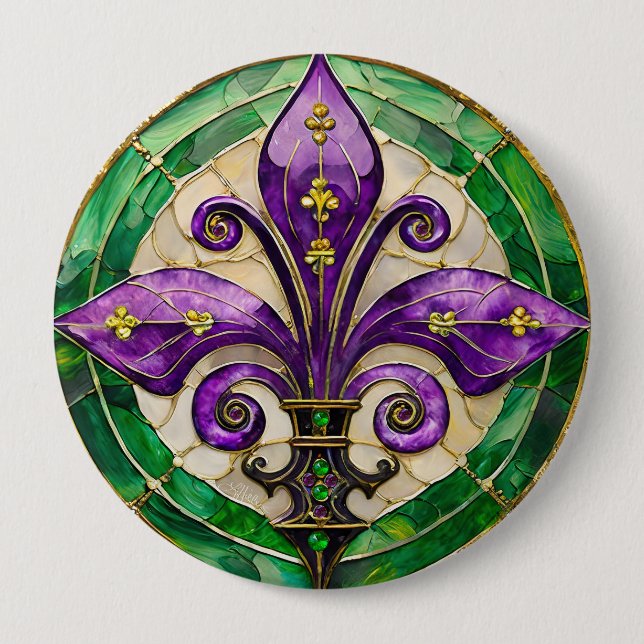 Badge Rond 10 Cm Mardi Gras Vitrail Fleur de lis (Devant)