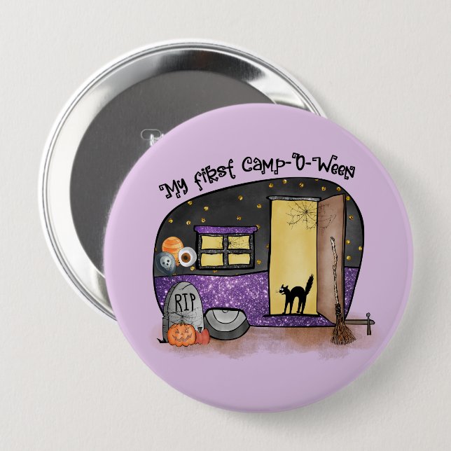Badge Rond 10 Cm Mon premier camp-O-Ween | Halloween Camping (Devant & derrière)