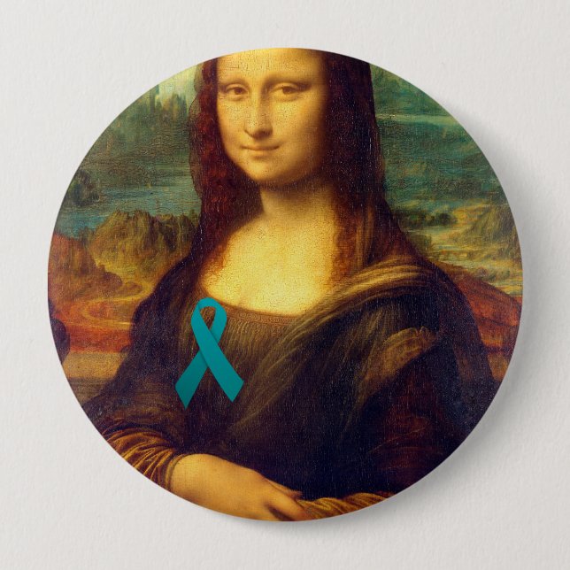 Badge Rond 10 Cm Mona Lisa Avec Ruban Turquoise (Devant)