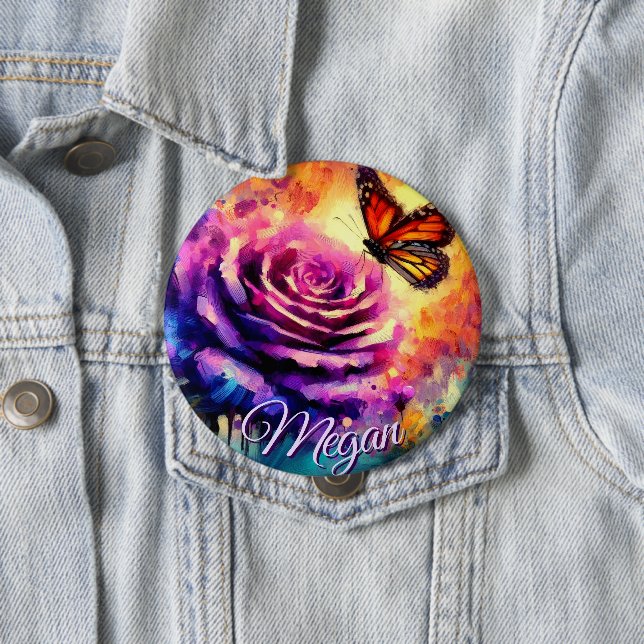 Badge Rond 10 Cm Monarch Butterfly on Rose at Sunset Personalized (En situation)