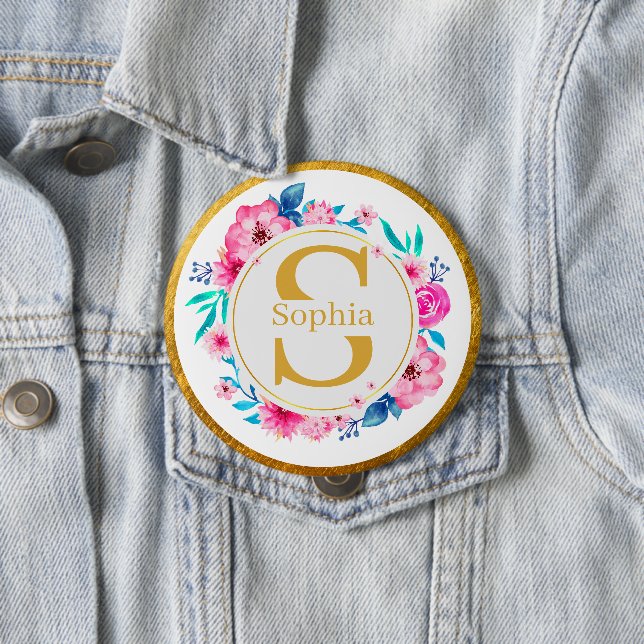 Badge Rond 10 Cm Monogramme Art I Initiale dorée et rose aquarellée (En situation)