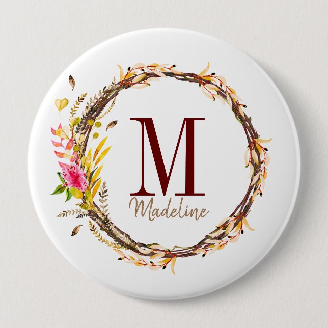 Badge Rond 10 Cm Monogramme floral personnalisable Volage d'automne (Devant)
