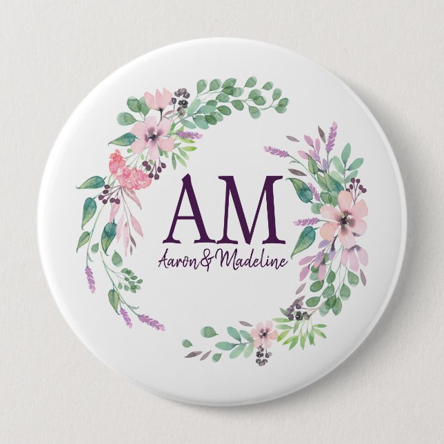 Badge Rond 10 Cm Monogramme floral personnalisé Fraisage de printem (Devant)