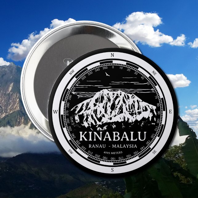 Badge Rond 10 Cm Mont Kinabalu - Ranau Malaisie Sabah Illustration (Mount Kinabalu Malaysia Button in Back with a white compass and mountain illustration)