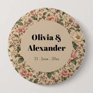 Badge Rond 10 Cm Motif de jardin de pivoines et de roses romantique