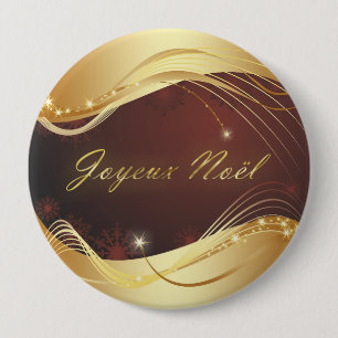 Badge Rond 10 Cm Motif de Noël doré avec fond rouge...
