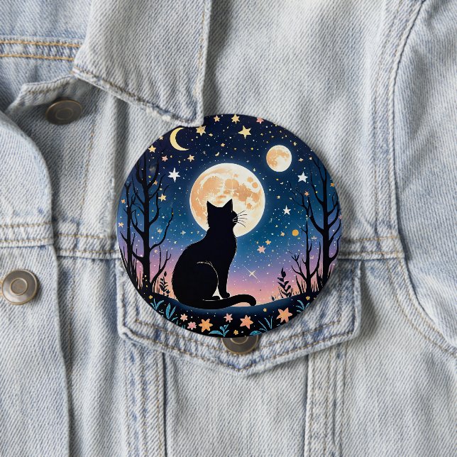 Badge Rond 10 Cm Mystical Cat Moon Button | Cute Night Sky Cat Pin  (En situation)