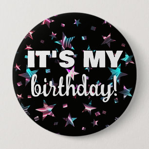 Badge Rond 10 Cm Neon Disco Laser Stars Confetti C'est mon annivers