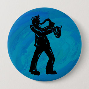 Badge Rond 10 Cm New York Boogie Nuits Saxophone Bleu