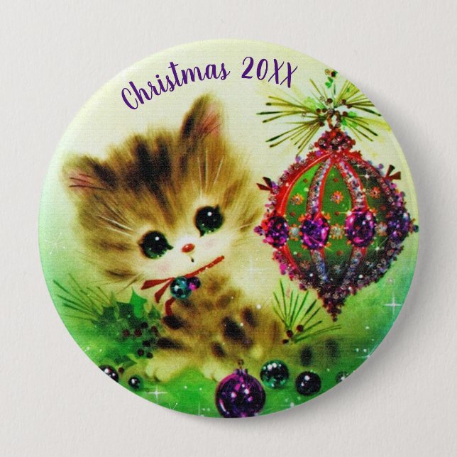 Badge Rond 10 Cm Noël à Kitten vintage (Devant)