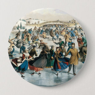 Badge Rond 10 Cm Noël victorien Central Park Currier & Ives