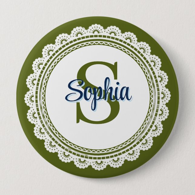 Badge Rond 10 Cm Nom Monogramme Élégant Vert Olive Broderie Anglais (Devant)