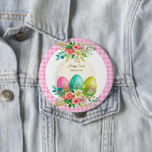 Badge Rond 10 Cm Œufs de Pâques floraux & Roses roses à l'aquarelle