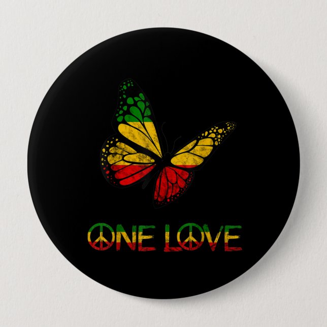 Badge Rond 10 Cm One Love Butterfly Rasta Reggae (Devant)