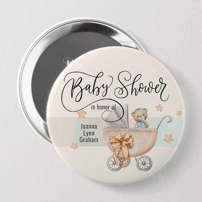 Badge Rond 10 Cm Ours en baby shower Teddy Personnalisé 4" (Devant & derrière)