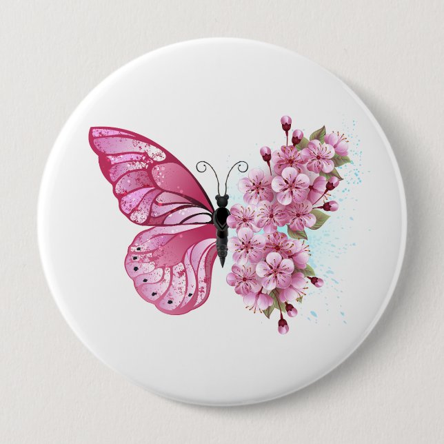 Badge Rond 10 Cm Papillon de fleur avec Sakura rose (Devant)