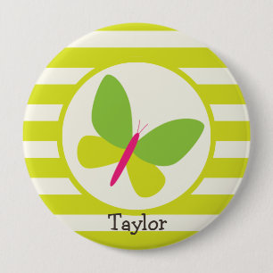 Badge Rond 10 Cm Papillon rose chaud et néon vert; rayures