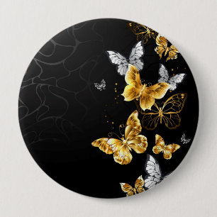 Badge Rond 10 Cm Papillons d'or et de blanc