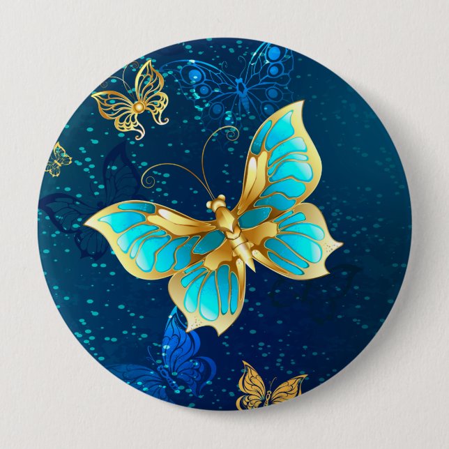Badge Rond 10 Cm Papillons d'or sur un Arrière - plan bleu (Devant)