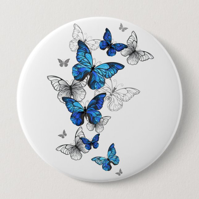 Badge Rond 10 Cm Papillons volants bleus Morpho (Devant)