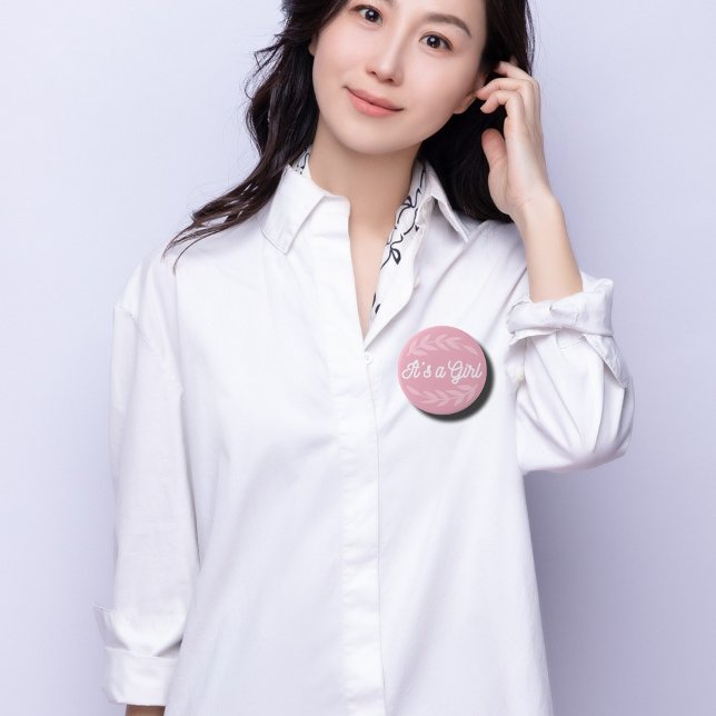 Badge Rond 10 Cm Pastel feuilles roses - C'est une fille (Créateur téléchargé)