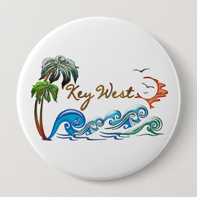 Badge Rond 10 Cm paumes 3d, vagues et coucher du soleil KEY WEST (Devant)