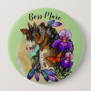 Badge Rond 10 Cm Peindre Cheval Mustang avec Iris et papillons