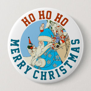 Badge Rond 10 Cm Père Noël bleu vintage avec des jouets de Noël
