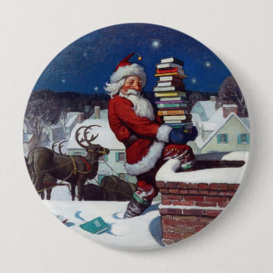 Badge Rond 10 Cm Père Noël livre une cargaison de livres par Wyeth