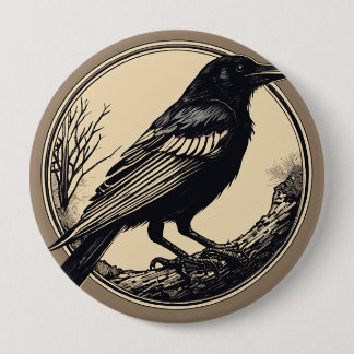 Badge Rond 10 Cm petit linocut minimal d'un corbeau, noir et blanc