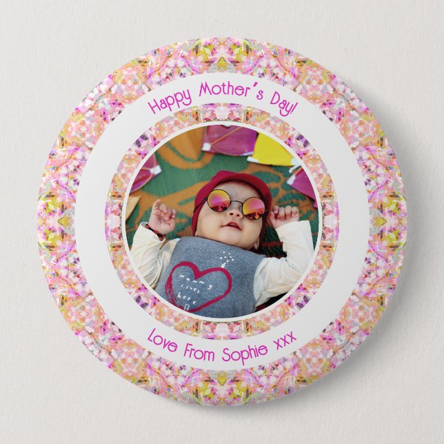 Badge Rond 10 Cm Photo personnalisée Vibrant rose Happy Green Fête  (Devant)