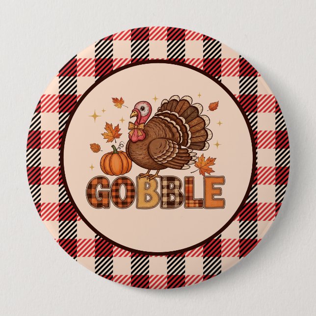 Badge Rond 10 Cm Plaid & Whimsy – Dinde de Thanksgiving festive (Devant)