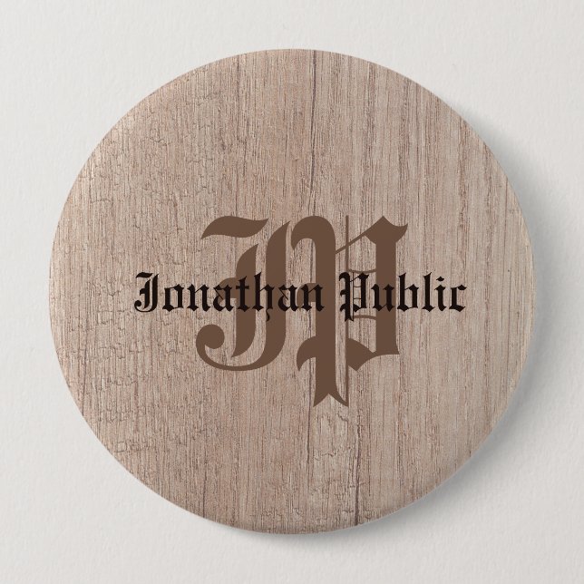 Badge Rond 10 Cm Planche Bois Look Vieux Script Monogramme (Devant)