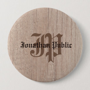 Badge Rond 10 Cm Planche Bois Look Vieux Script Monogramme