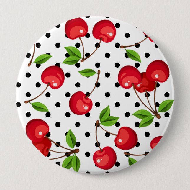 Badge Rond 10 Cm Pois Rockabilly Cherries en blanc (Devant)