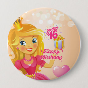 Badge Rond 10 Cm Princesse 16e anniversaire