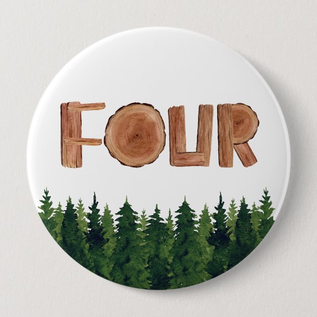 Badge Rond 10 Cm Quatre Garçons 4e anniversaire arbres verts (Devant)