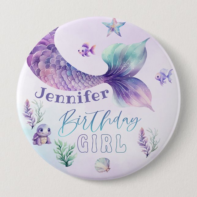 Badge Rond 10 Cm Queue de sirène sous la mer Anniversaire fille (Devant)