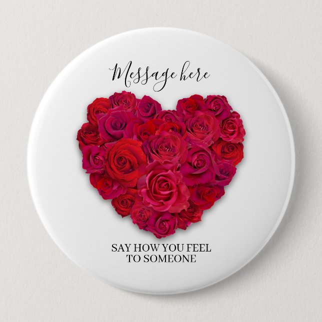 Badge Rond 10 Cm Red Rose Heart Romantic Floral Custom Text (Devant)