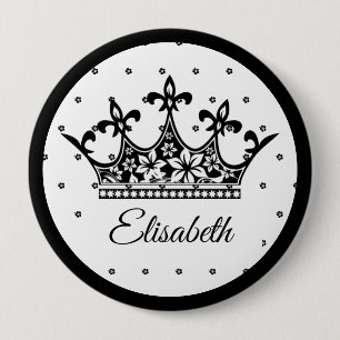 Badge Rond 10 Cm Reine couronne floral noir blanc belle vintage