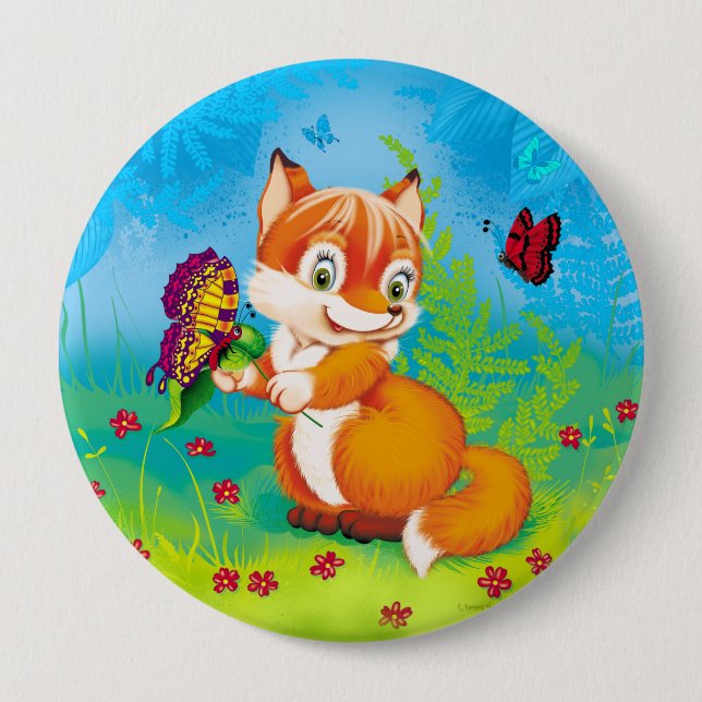 Badge Rond 10 Cm renard et papillon (Devant)