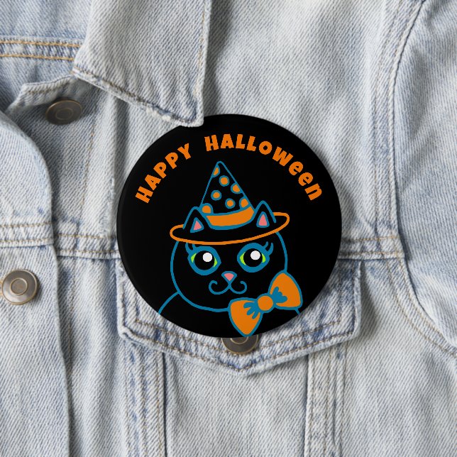 Badge Rond 10 Cm Retro Happy Halloween Black Cat Button  (En situation)