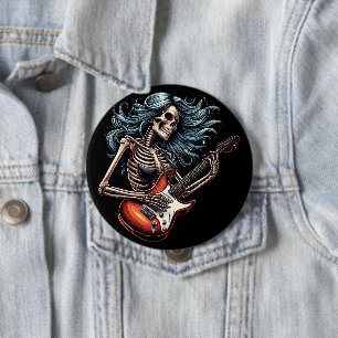 Badge Rond 10 Cm Rocker Skeleton femme jouant de la guitare Dark ar