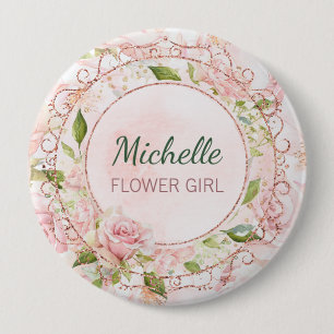 Badge Rond 10 Cm Rose rose d'or d'aquarelle de demoiselle de