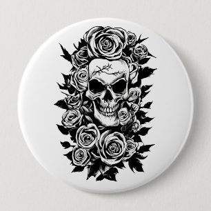 Badge Rond 10 Cm Roses du crâne humain Goth Dessin original à l'enc