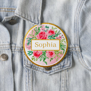 Badge Rond 10 Cm Roses roses de style aquarelle, feuilles vertes et