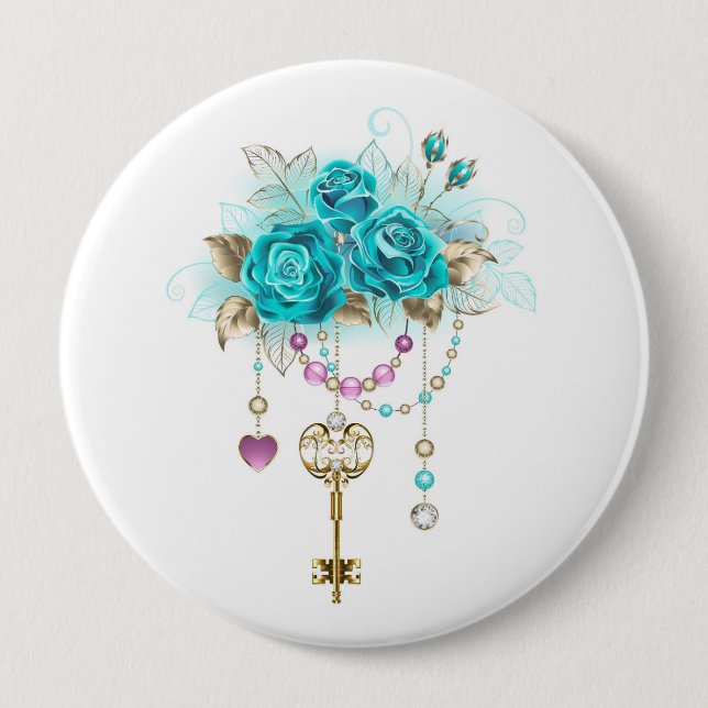 Badge Rond 10 Cm Roses turquoise avec touches (Devant)