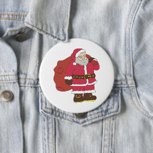 Badge Rond 10 Cm Santa Claus en rouge avec sac cadeau et lunettes
